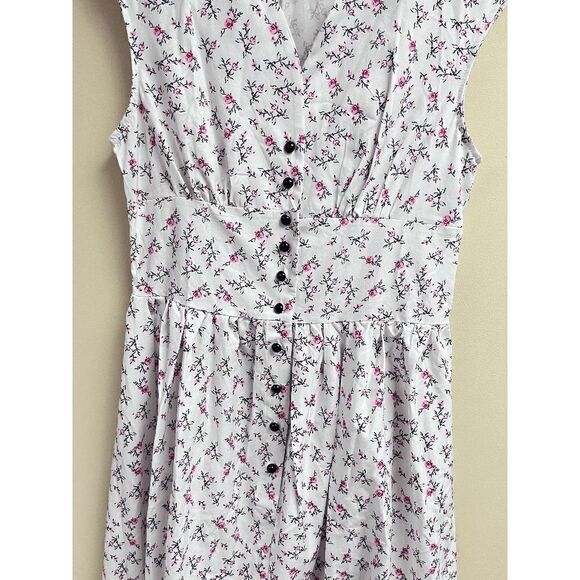 Vintage style Womens Sleeveless Button Front Shirred Dress White Floral Sz L - Picture 7 of 9